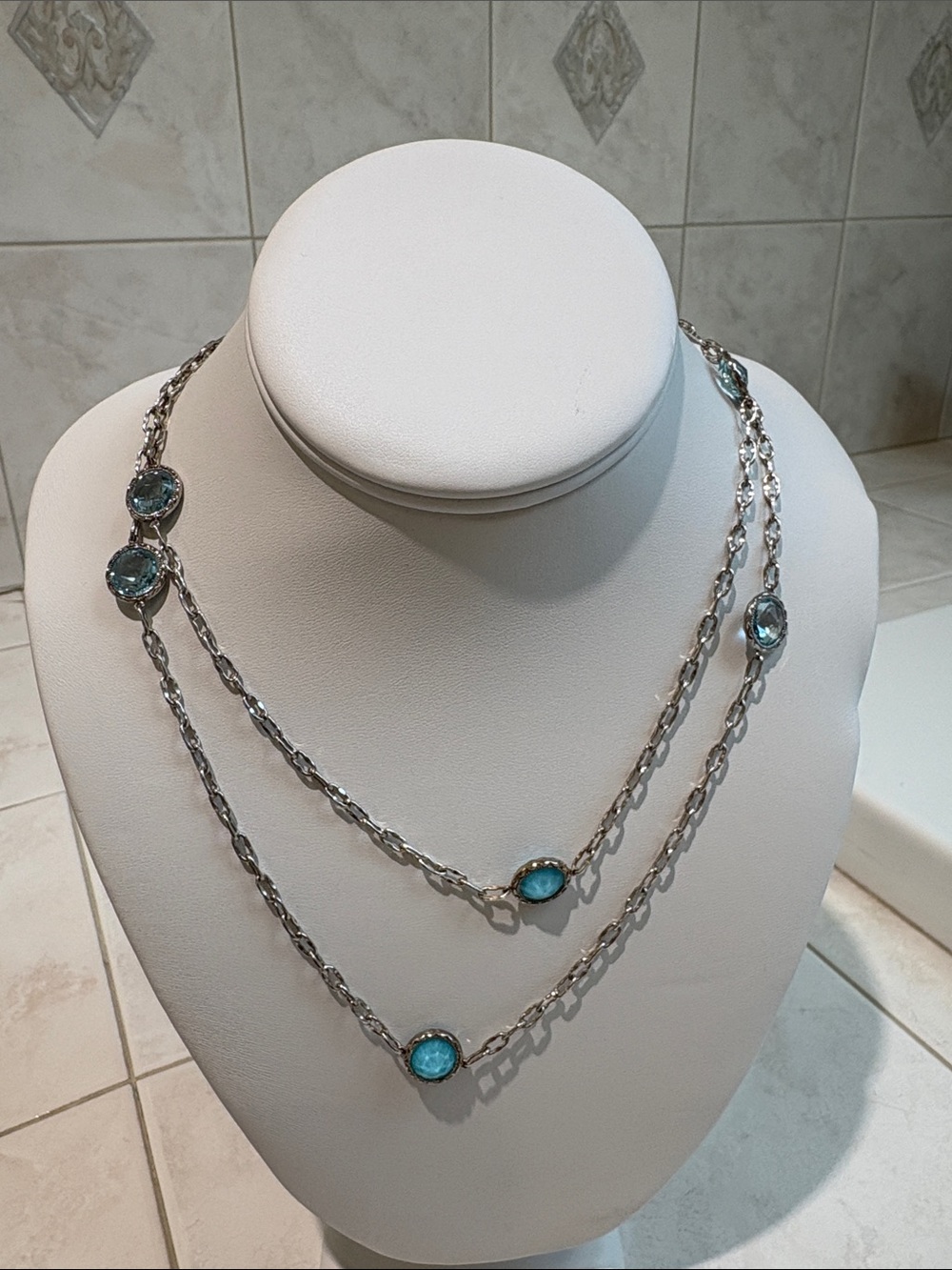 Tacori Sterling Silver 38” Long Station Necklace Turquoise & Blue Topaz Accents - Picture 10 of 10